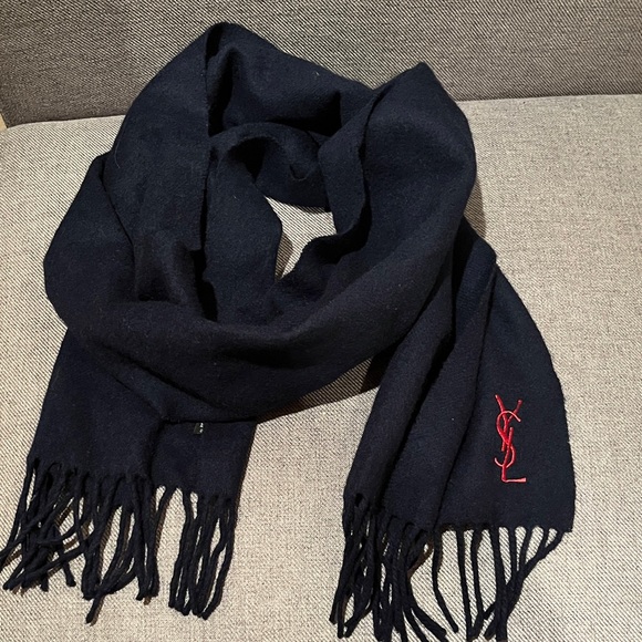 Yves Saint LaurentNavy Scarf Wool with Red YSL Emblem